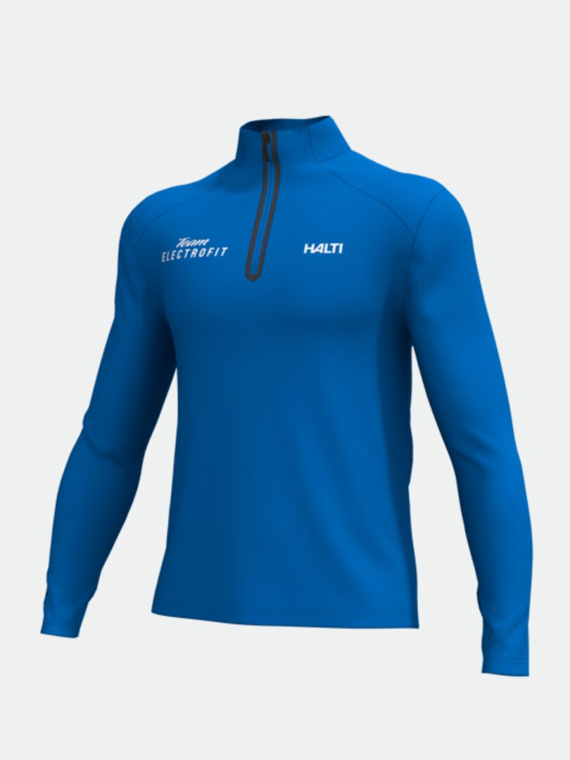 Kirkkaan sininen Halti Jaako Paita Miesten - Electrofit, jossa lyhyt vetoketju ja valkoinen logoteksti rinnassa.