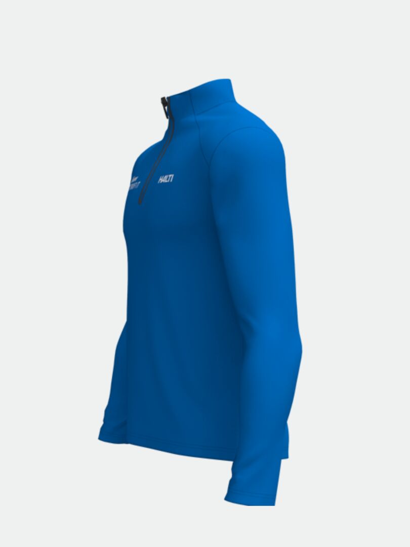 Kirkkaansininen Halti Jaako Paita Miesten - Electrofit, quarter-zip, ihanteellinen aktiivikäyttöön, kuvassa vasemmalta puolelta.