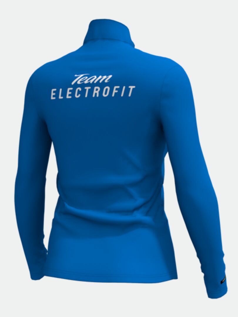 Halti Jaako Paita Naisten - Electrofit on sininen urheiluneulottu välikerros, jonka selässä on valkoinen Team ELECTROFIT -printti.