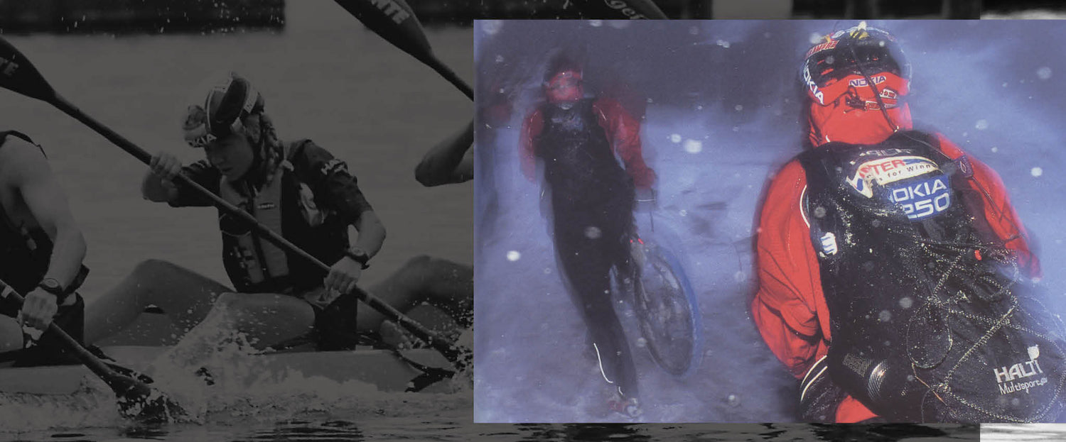 Ihmiset osallistuvat melonta- ja pyöräilytapahtumiin urheiluvarusteet ja kypärät päällään, ja vesi ja lumi ovat näkyvissä.