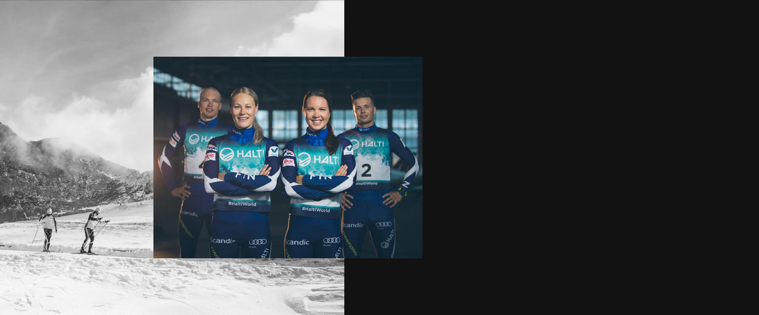 Neljä hiihtäjää poseeraa sisätiloissa; kaksi muuta hiihtäjää seisoo ulkona lumella mustavalkokuvassa.