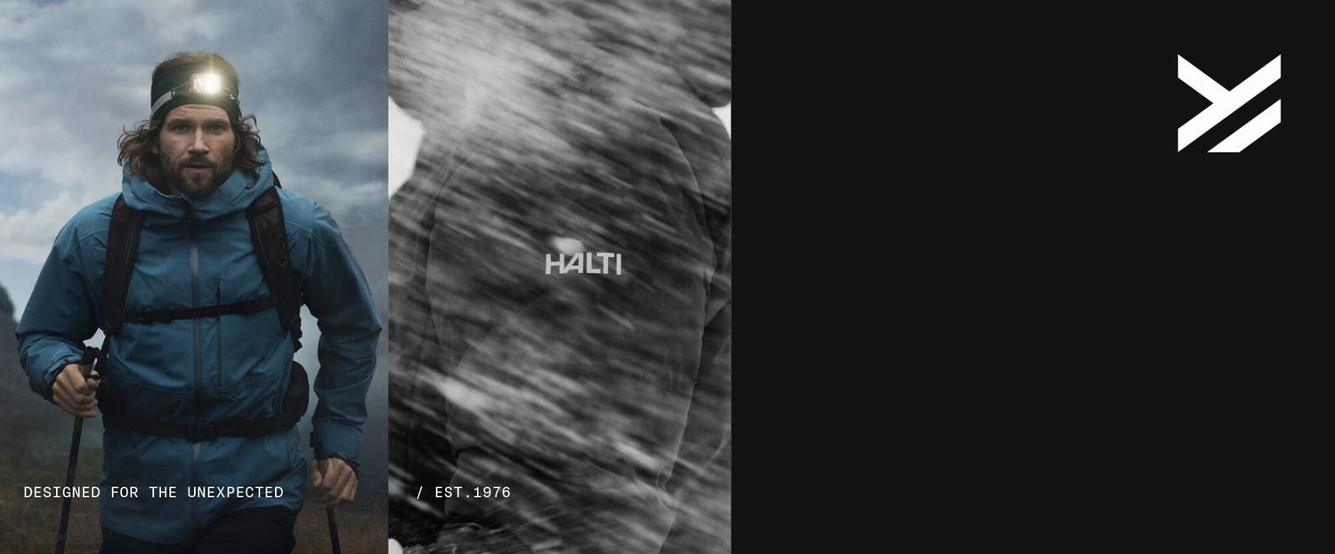 Ulkoiluvarusteisiin pukeutunut mies juoksee polulla, kuvassa Halti-brändin logo ja teksti