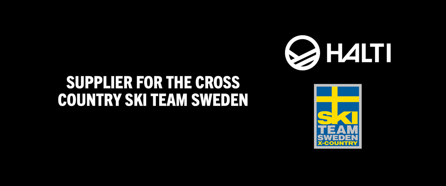Halti ja Ski Team Sweden -logot tekstillä: Hiihtomaajoukkueen toimittaja Ruotsissa mustalla pohjalla: Supplier for the Cross Country Ski Team Sweden.