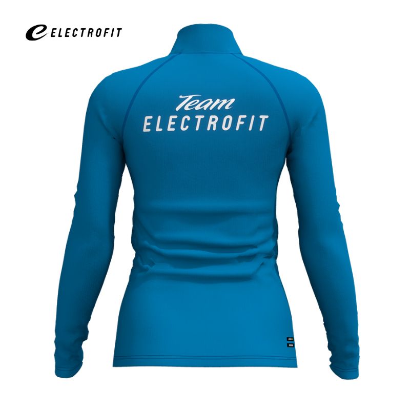 Sininen Halti Crosser Paita Naisten pitkähihainen paita, jossa on selässä teksti ”Team ELECTROFIT”, valmistettu kierrätyskankaasta.
