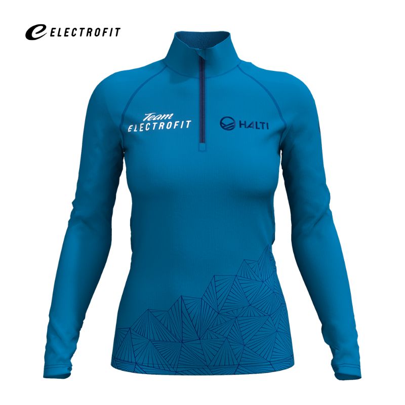 Haltin Crosser Paita Naisten on sininen sporttinen paita, jossa on geometrinen kuvio, Electrofrit-logo ja Active Dry -kangas.