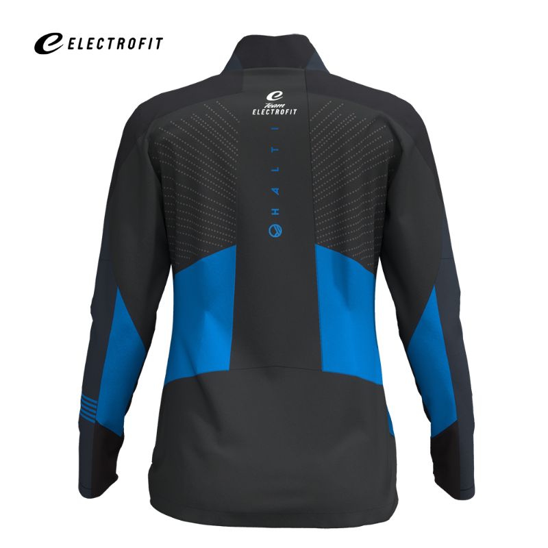 Musta ja sininen Halti Veloce Hiihtotakki Naisten kuvassa takaapäin, näkyvissä Electrofritin ja Haltin logot.