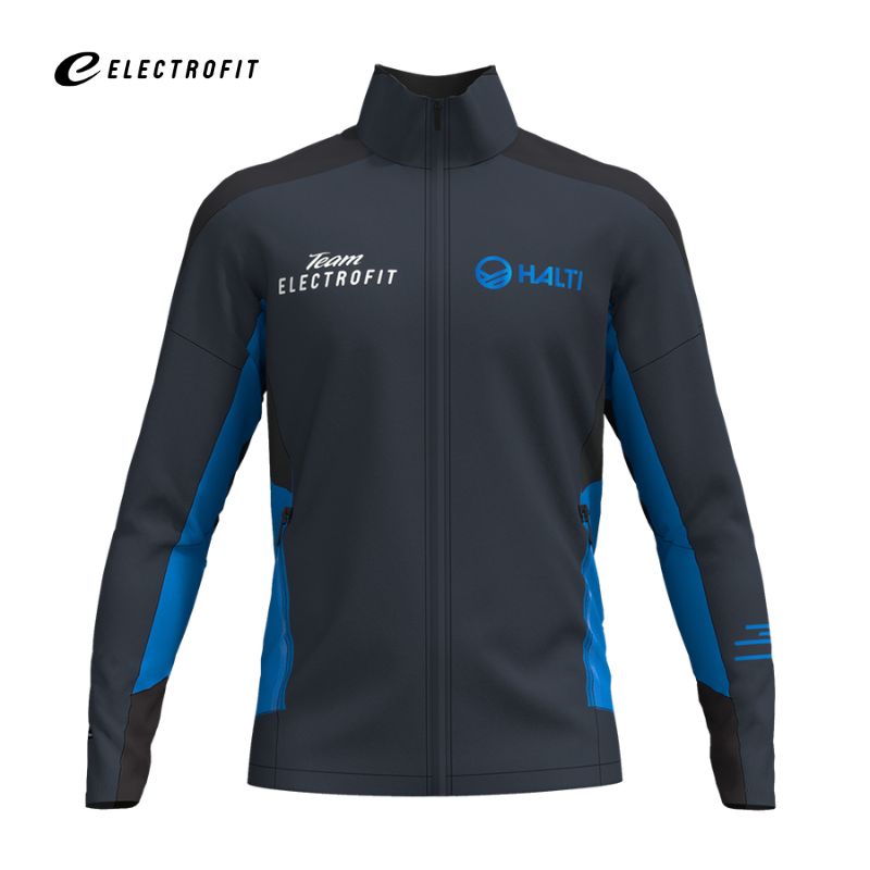 Halti Veloce Hiihtotakki Miesten on tummanharmaa/sininen vetoketjullinen takki, jossa on Electrofit-, Stormwall®- ja logoyksityiskohtia.