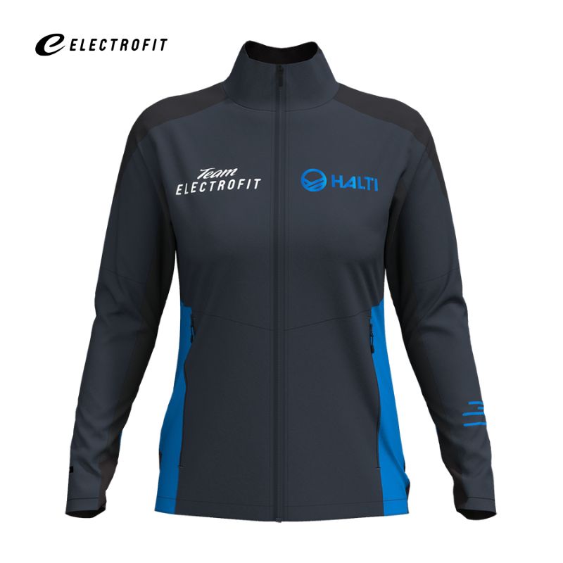 Tummanharmaa ja sininen Halti Veloce Hiihtotakki Naisten takki logoilla, kuvattuna valkoisella taustalla.