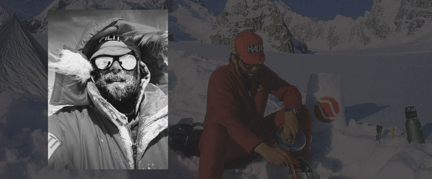 Kaksi kuvaa vuorikiipeilijästä: toinen mustavalkoinen, jossa on pakkasta, ja toinen värillinen, jossa hän istuu lumen päällä varusteineen.