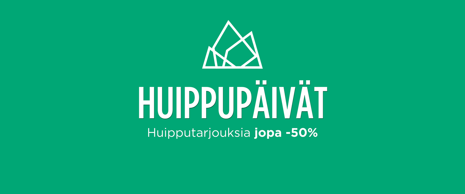Vihreä tausta, jossa valkoinen geometrinen vuori-logo ja suomenkielinen teksti Huippupäivät, huipputarjouksia jopa -50%.