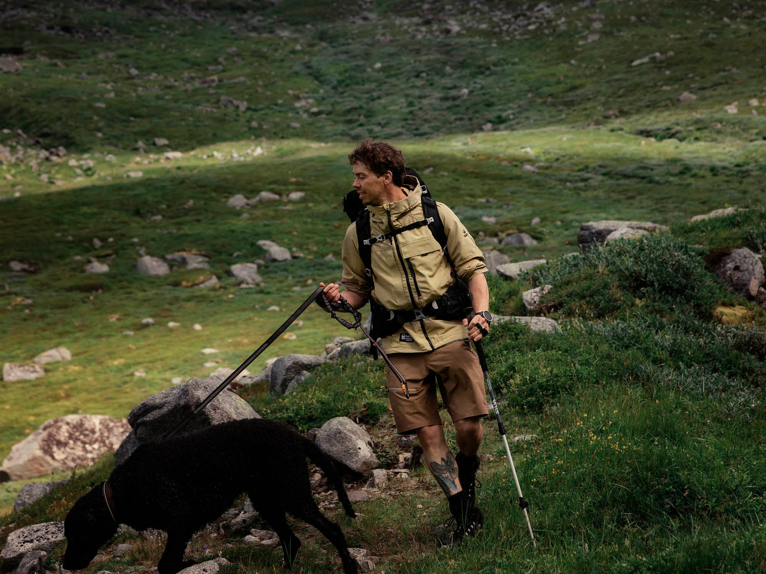 Ruohoisella, kivisellä polulla vaeltava henkilö käyttää vaellussauvoja ja johtaa mustaa koiraa hihnassa.