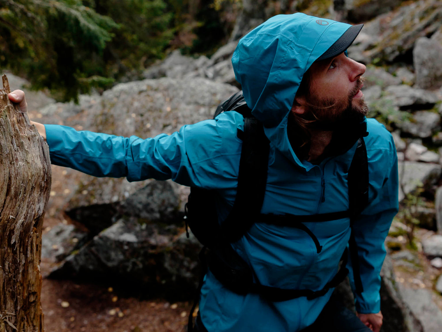 Sinikuvioiseen takkiin ja huppuun pukeutunut henkilö vaeltaa kallioisella metsäalueella, pitää kiinni puunrungosta ja katsoo ylöspäin.