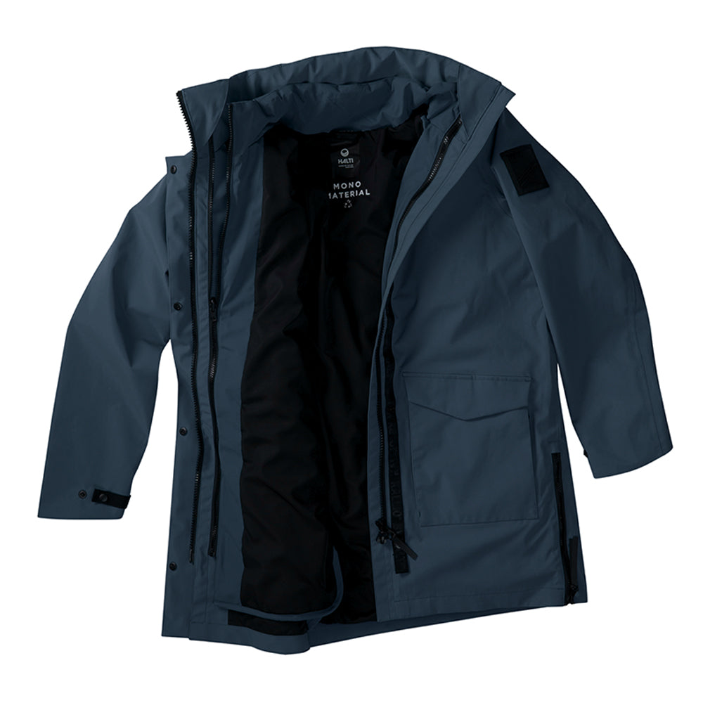 Sininen vedenpitävä takki, jossa on huppu, vetoketju edessä, useita taskuja ja musta sisävuori.