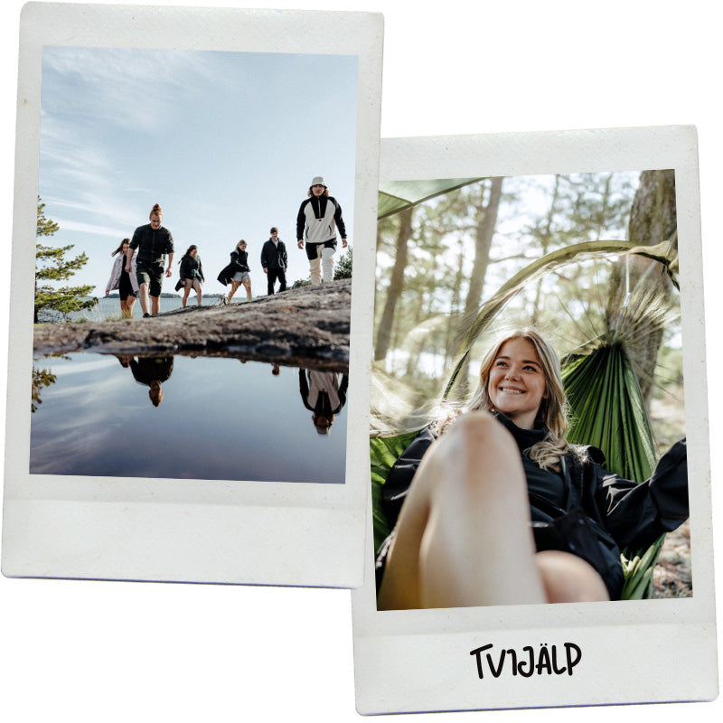 Joukko ihmisiä kävelee ulkona veden äärellä; nainen istuu hymyillen riippumatossa metsäisellä alueella.