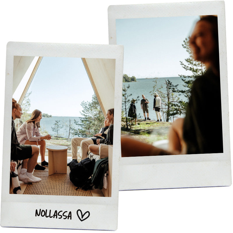 Kaksi kuvaa: Toisessa ihmiset istuvat ja keskustelevat teltan sisällä, toisessa ihmiset seisovat järven rannalla ja taustalla on puita.