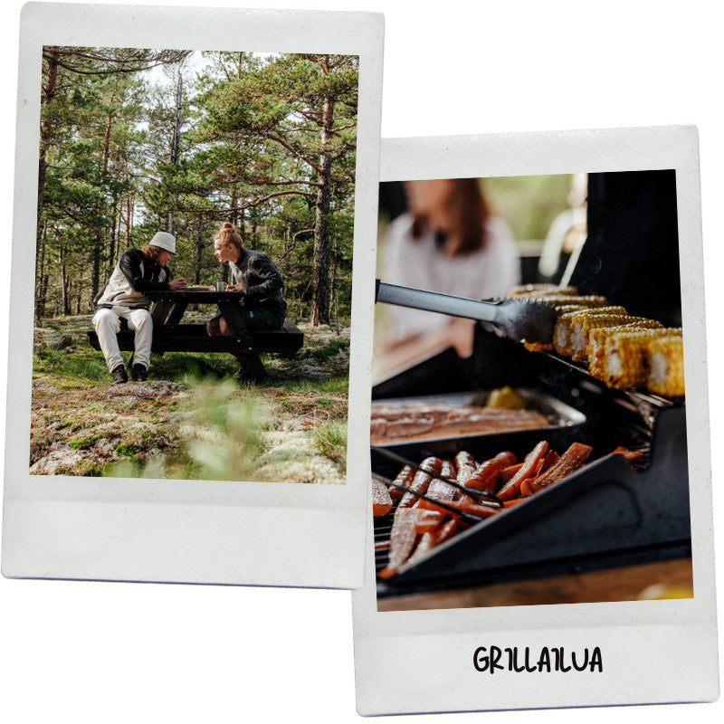 Kaksi kuvaa: ihmiset istuvat piknik-pöydässä metsässä; maissi ja makkarat kypsyvät ulkogrillissä.