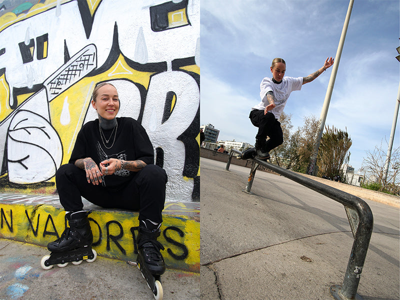 Jaettu kuva: Vasemmalla henkilö, jolla on tatuointeja, istuu rullaluistimilla graffitin äärellä. Oikealla he hioutuvat rullaluistimilla ulkona.
