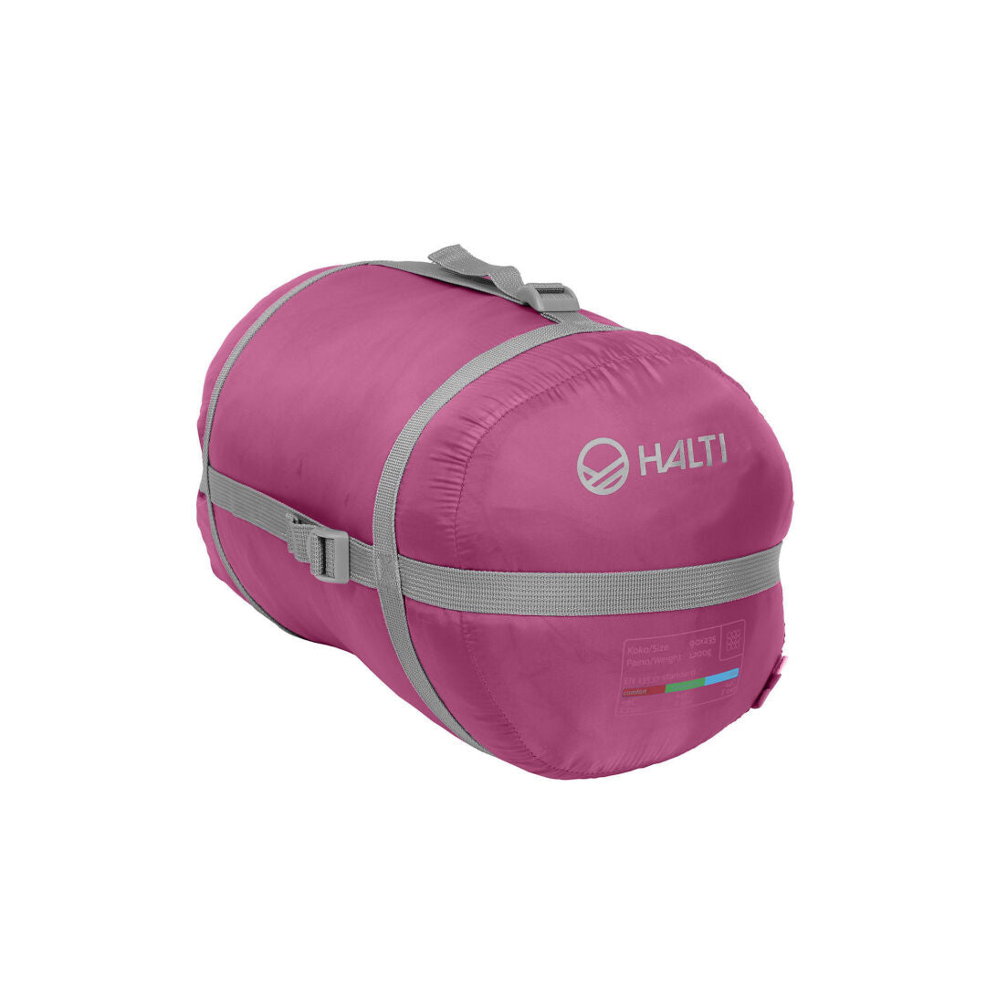 Halti Dreamcatcher 30 M makuupussi pinkki, kierrätetty PET, harmaat hihnat. sopii iden tai makuupussin säilytykseen.