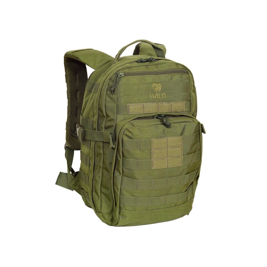 Halti Sandstorm 2 Reppu oliivinvihreänä, valmistettu kierrätetystä polyesteristä, jossa on paljon taskuja ja MOLLE-kiinnitys.