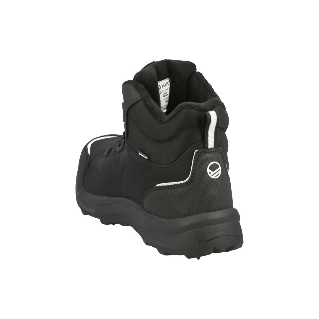 Musta Halti Yukon Mid DrymaxX Freelock -vaelluskenkä paksulla pohjalla, valkoisella lapulla ja vedenpitävillä nastakengillä.