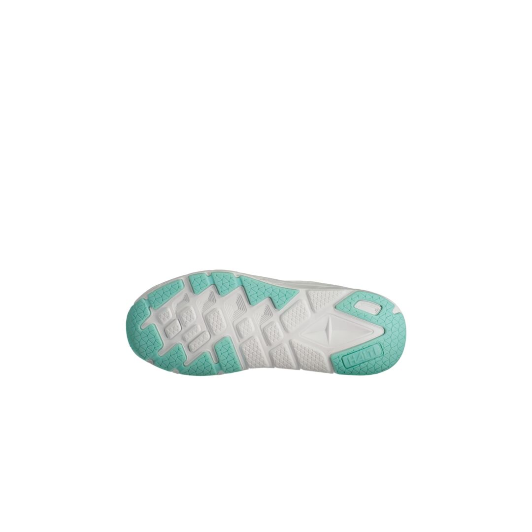 Halti Tempo 2 Naisten Lenkkarin alapinta valkoisena, vedensinisin yksityiskohdin ja pehmustetulla Phylon-pohjalla valkoisella pohjalla.