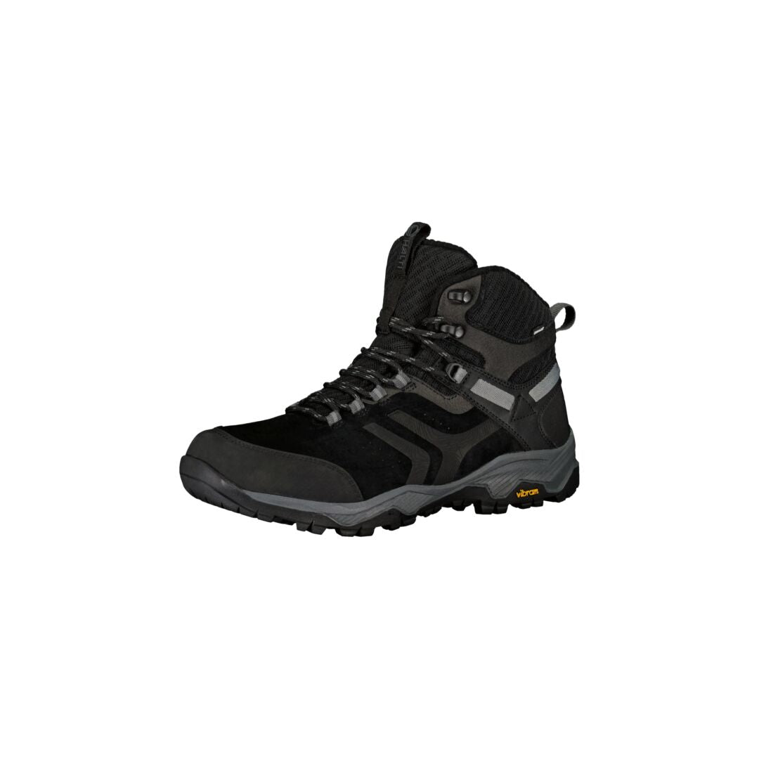 Halti Ragnar Mid DrymaxX on musta vaelluskenkä harmailla yksityiskohdilla, kestävällä Vibram-pohjalla ja korkealla nilkkatuella.