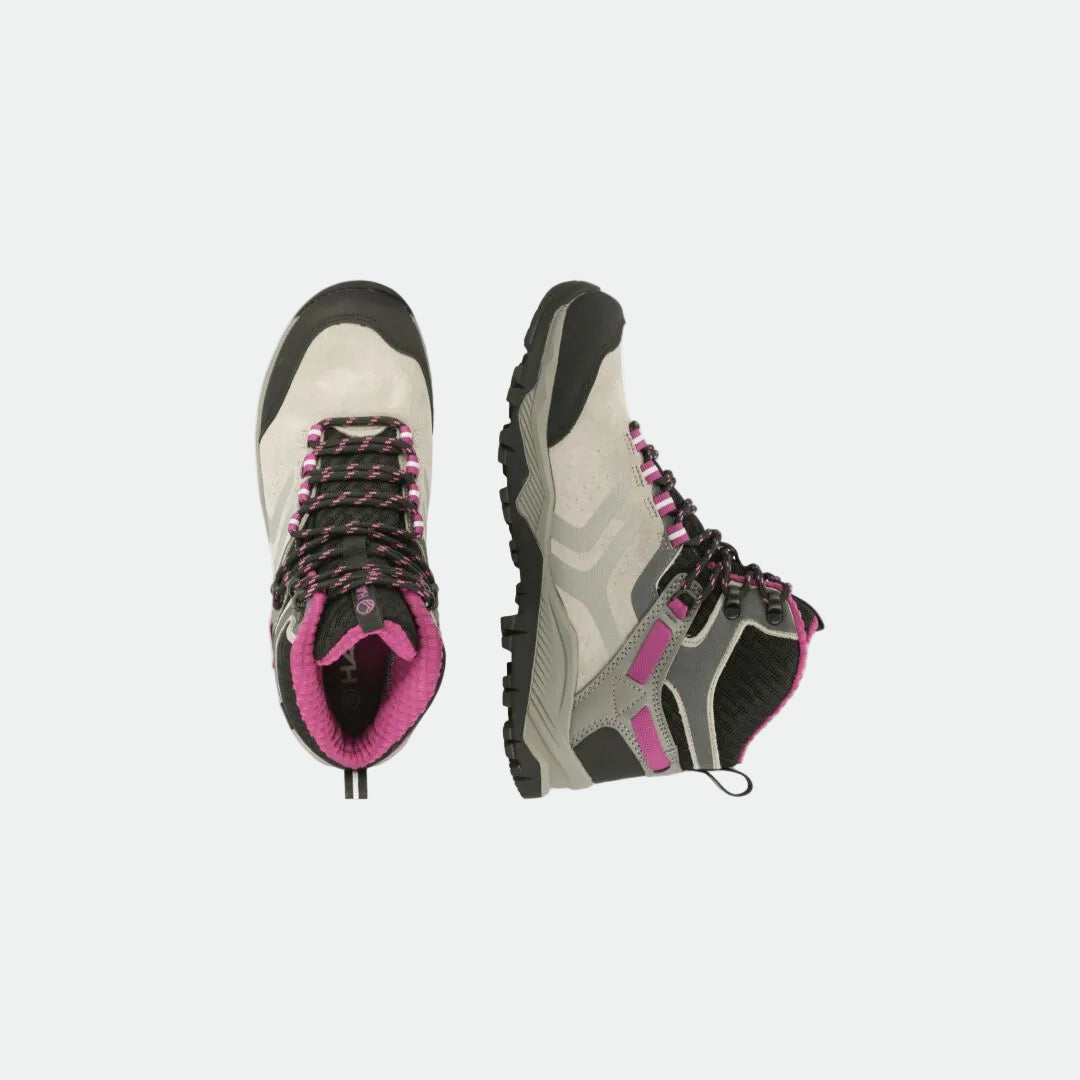 Halti Ragnar Mid Naisten DrymaxX -vaelluskengät, harmaa/musta pinkillä värillä, Vibram-pohja, kuvassa päältä ja sivulta.