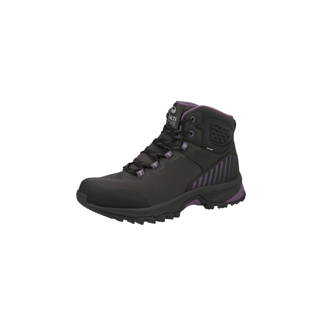 Halti Winnipeg Mid DrymaxX naisten softshell-kengät, musta/violetti, nauhat ja kestävä pohja, valkoisella taustalla.