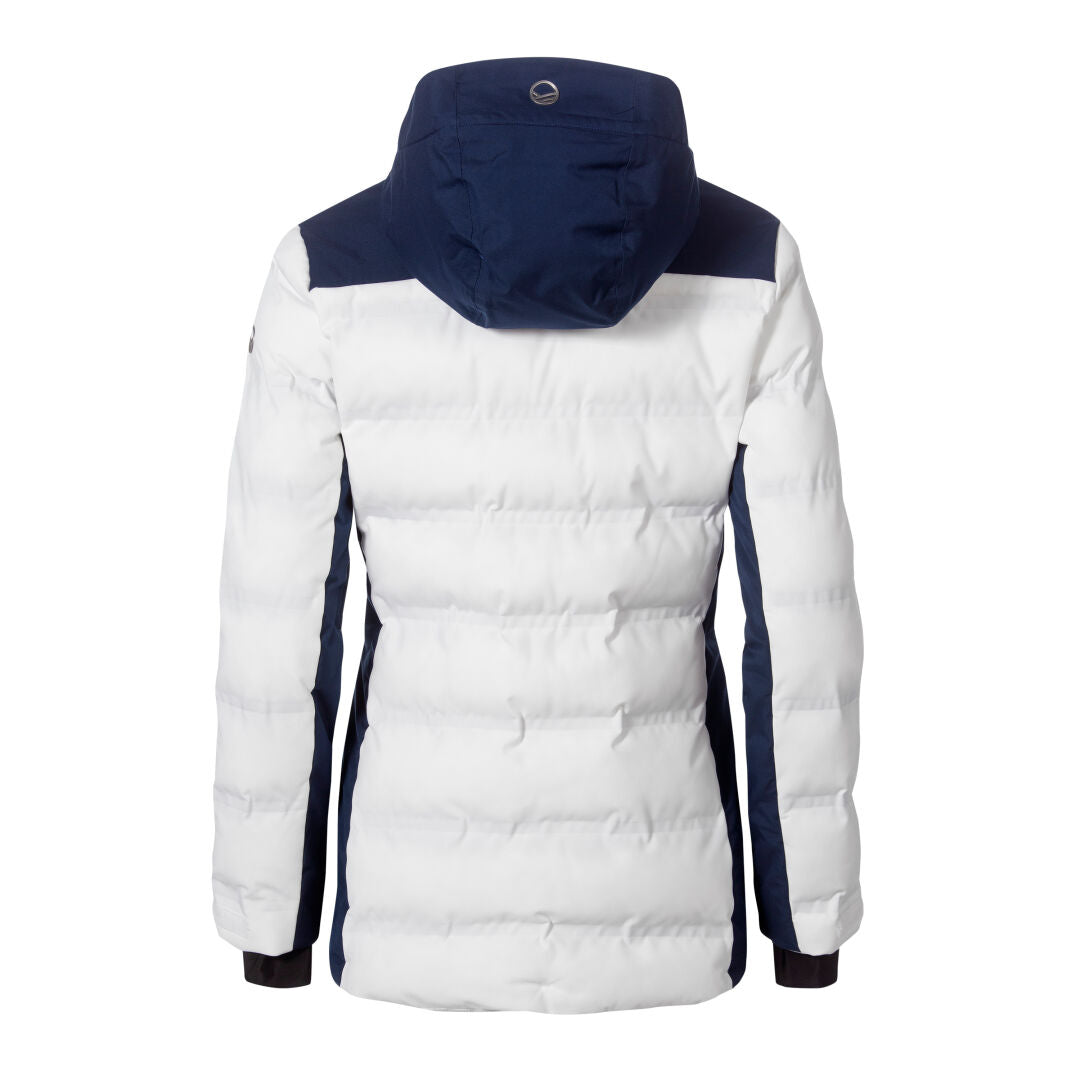 Halti Lis Naisten DrymaxX Laskettelutakki valkoisena ja tummansinisenä, hupullinen, selästä päin valkoista taustaa vasten.