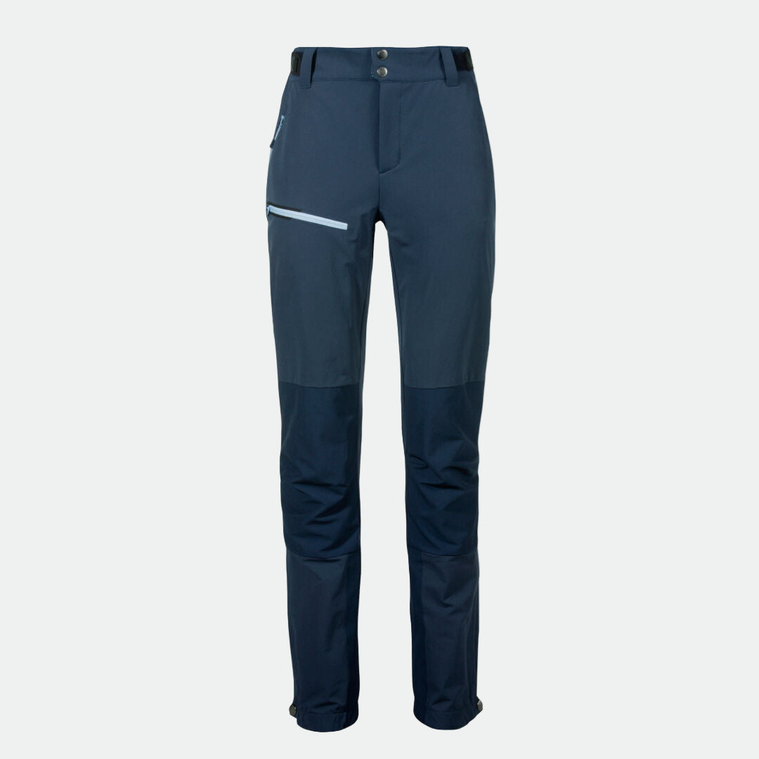 Suora kuva sinisistä Halti Adrenaline Naisten X-Stretch -housuista, joissa on Cordura-polvet ja vetoketjullinen sivutasku.
