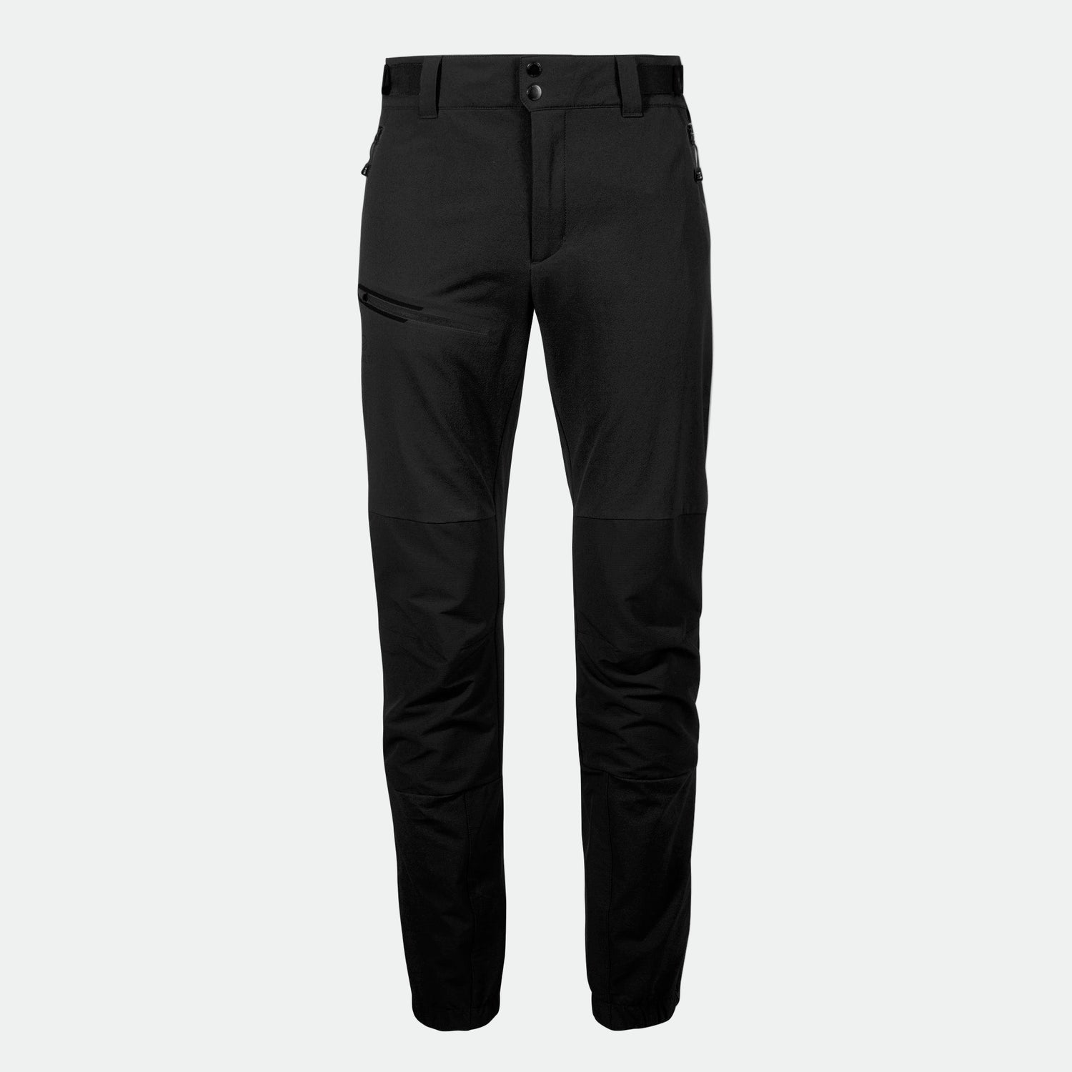 Halti Adrenaline Miesten X-Stretch housut, mustat, slim-fit, vetoketju edessä ja taskut sivuilla sekä matkataskuja.
