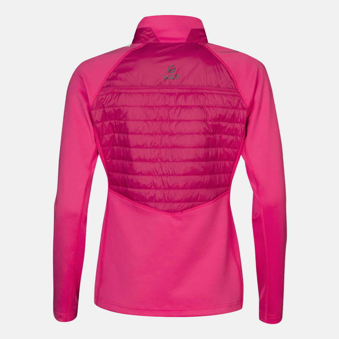 Halti Olivia Naisten Hybrid Takki on kirkkaanpinkki, pitkähihainen takki, jossa on tikattu selkämys ja pystykaulus.