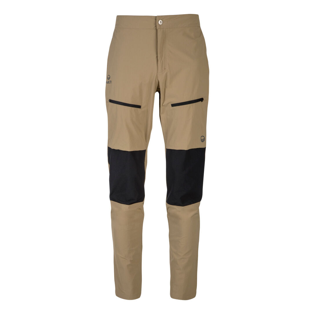 Halti Pallas II Miesten X-stretch SS22 housut, khaki/musta, vetoketjulliset taskut ja vahvistetut polvet, tasaisella taustalla.