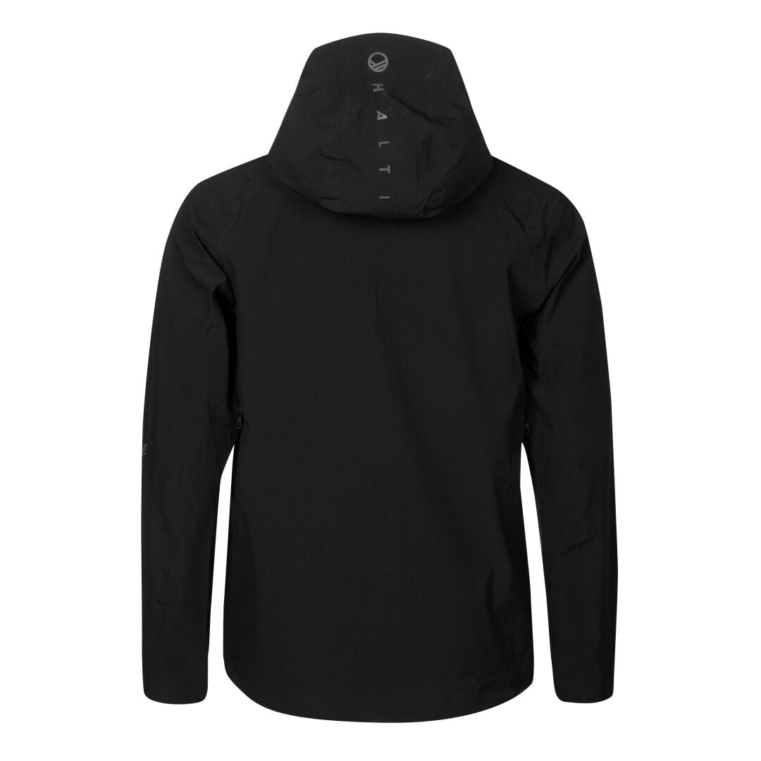 Halti Kaarna Miesten DX 3L Kuoritakki on musta hupullinen takki, jossa on HALTI-teksti pystysuunnassa hupun takana.