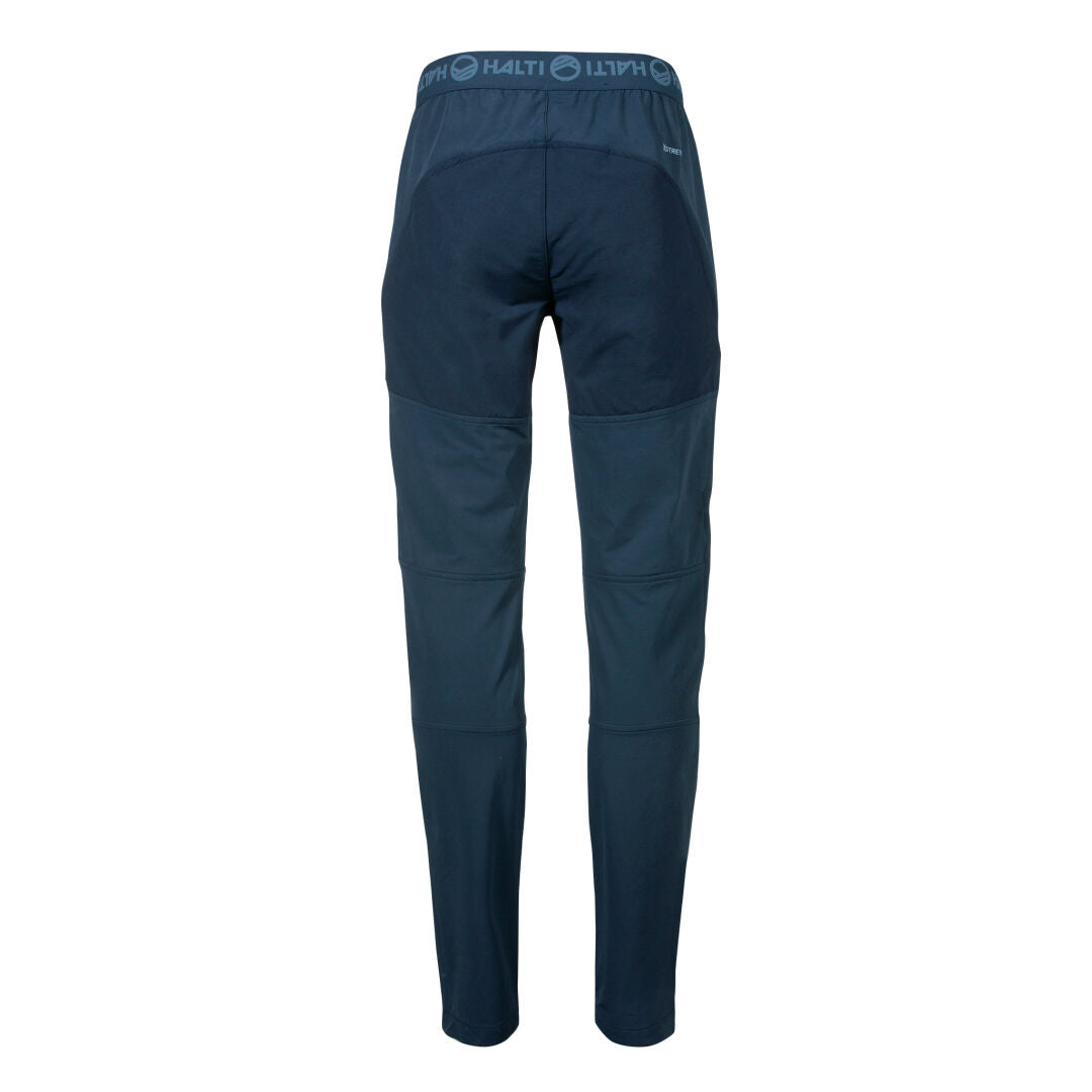 Halti Pallas II Naisten Lämmin X-stretch Housut tummansinisenä, kuvassa selästä päin, jossa on merkkijono vyötärönauhalla.