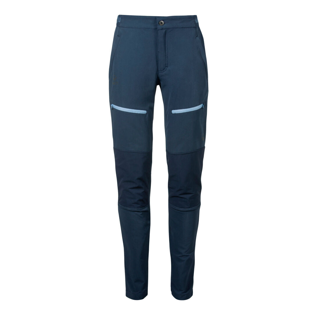 Halti Pallas II Naisten Warm X-stretch -housut, tummansiniset, valkoiset ja vaaleansiniset reisitaskujen vetoketjut.