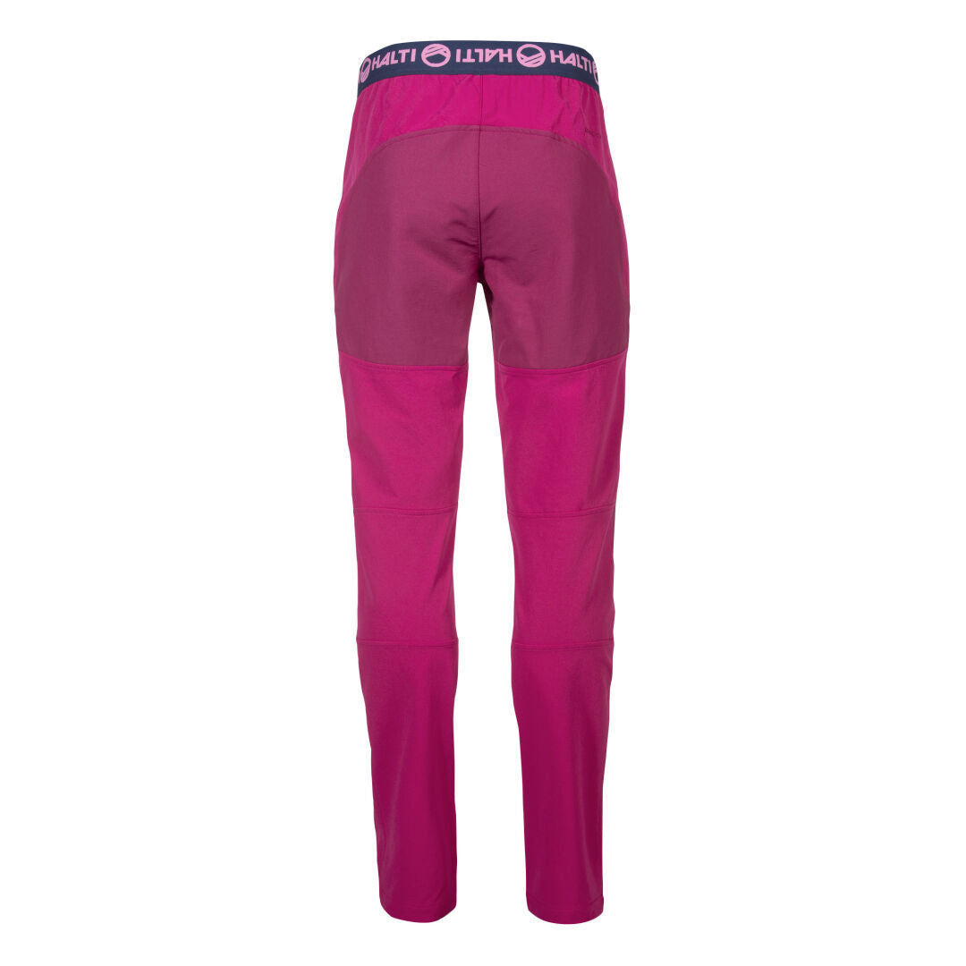 Halti Pallas II Naisten lämmin, erittäin joustava housu takaa päin, magentan ja violetin sävyissä, joissa on brändätty vyötärönauha.