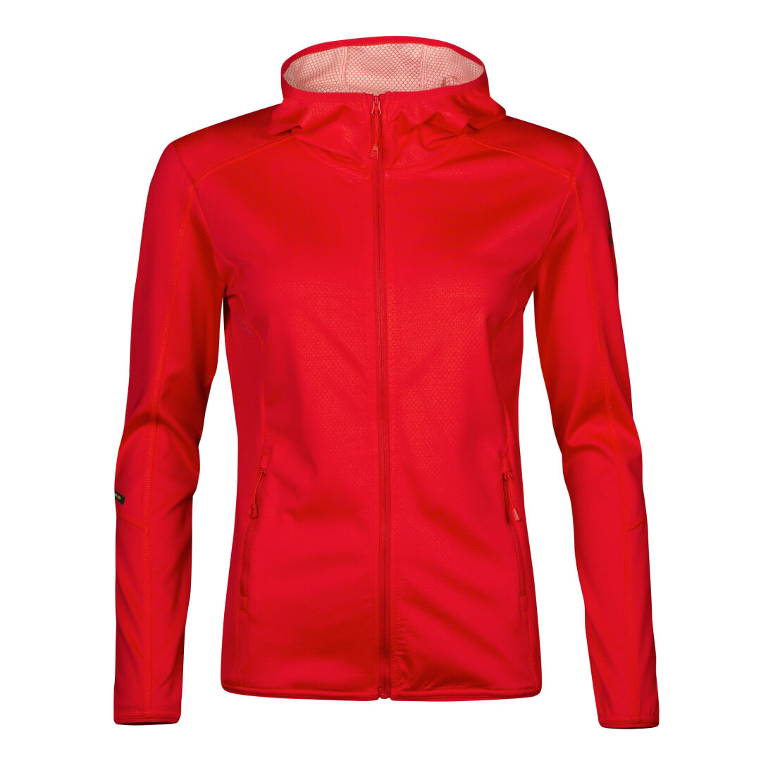 Halti Pallas Naisten Huppari: punainen vetoketjullinen huppari, jossa Active Dry -teknologia, pitkät hihat, etutaskut ja verkkovuorattu huppu/rinnan alue.