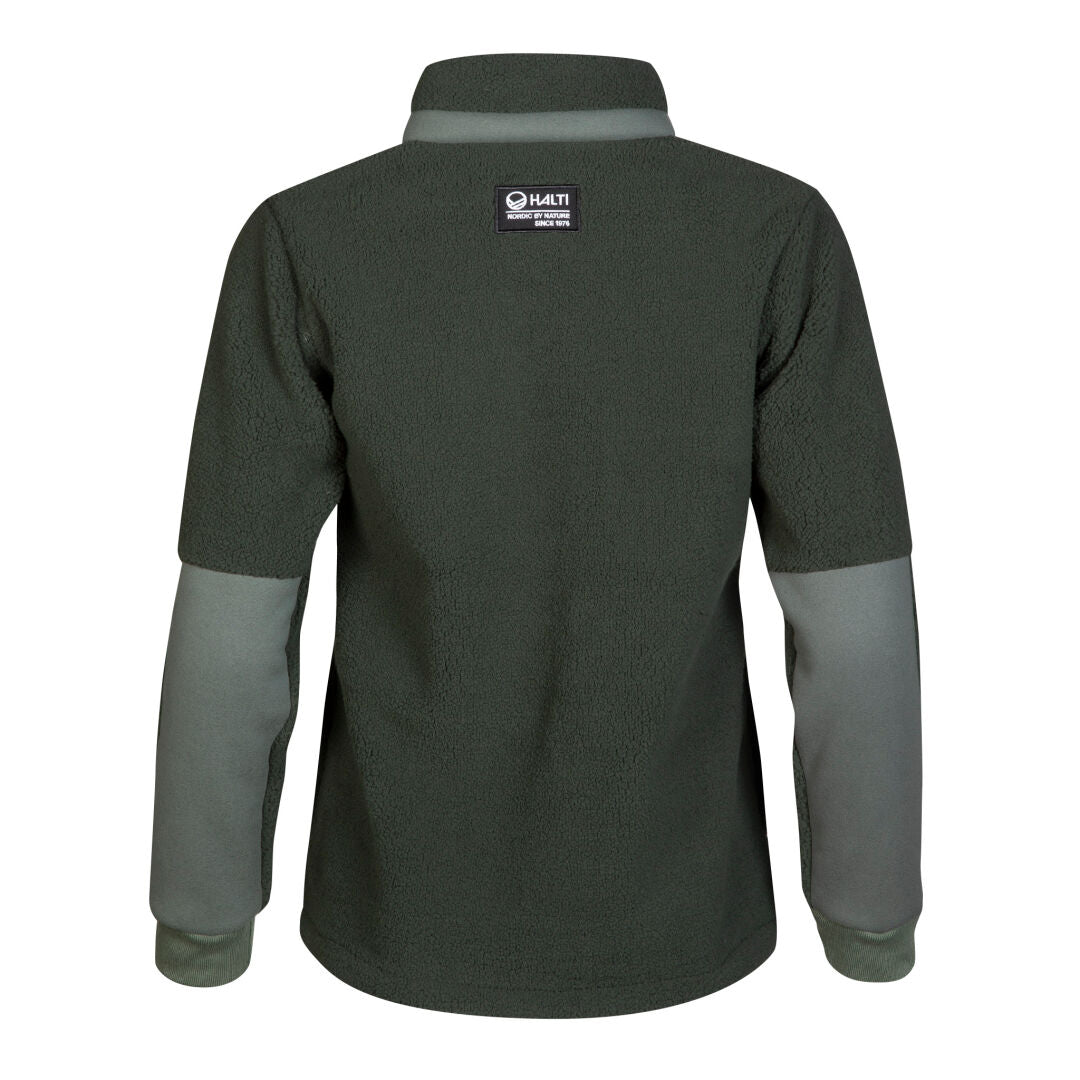 Tummanvihreä Halti Hiker Naisten Polar Fleecetakki vaaleilla hihoilla, selkäkuva, pieni merkki kauluksen lähellä.