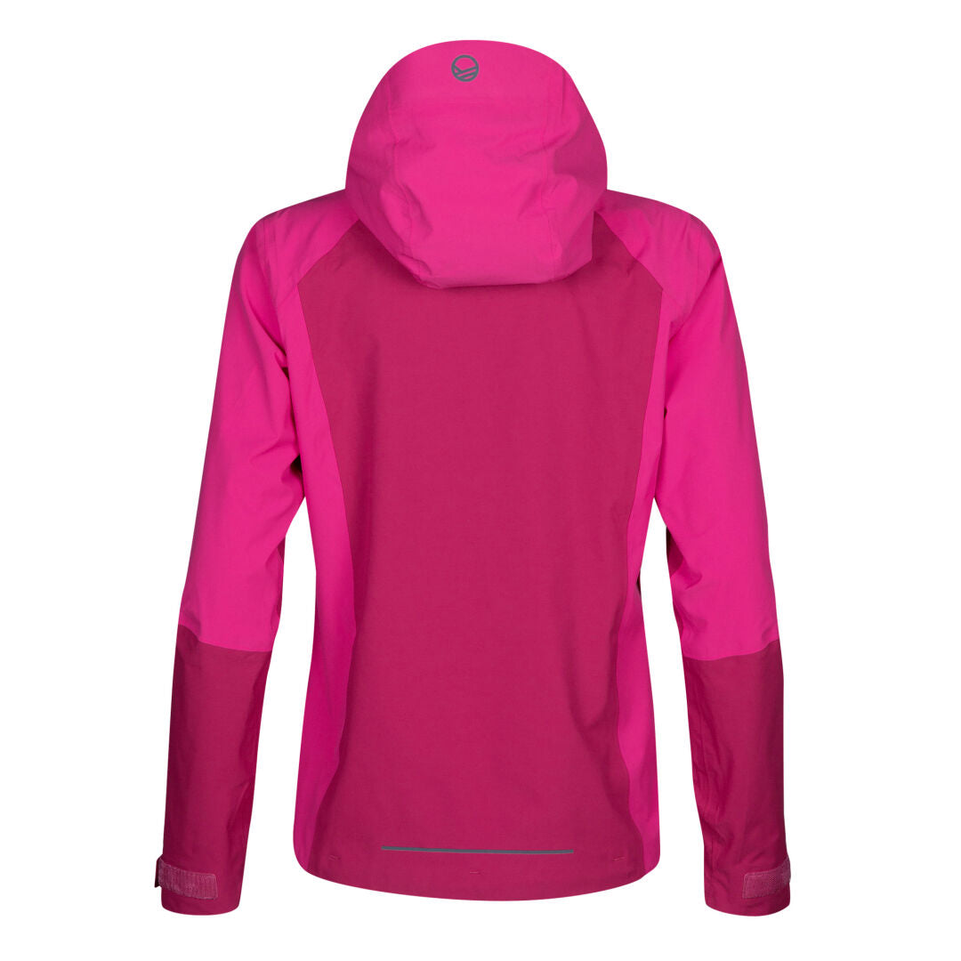 Halti Biegga Neve DrymaxX Kuoritakki Naisten kirkkaan pinkki, kuvassa takaa päin, pitkät hihat ja logo hupussa.