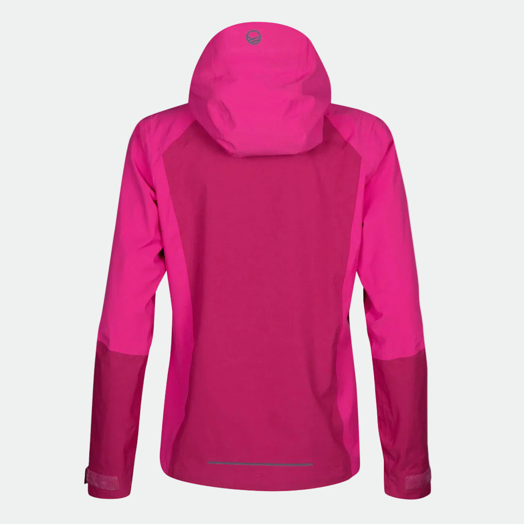 Halti Biegga Neve DrymaxX Kuoritakki Naisten kirkkaan pinkki, kuvassa takaa päin, pitkät hihat ja logo hupussa.