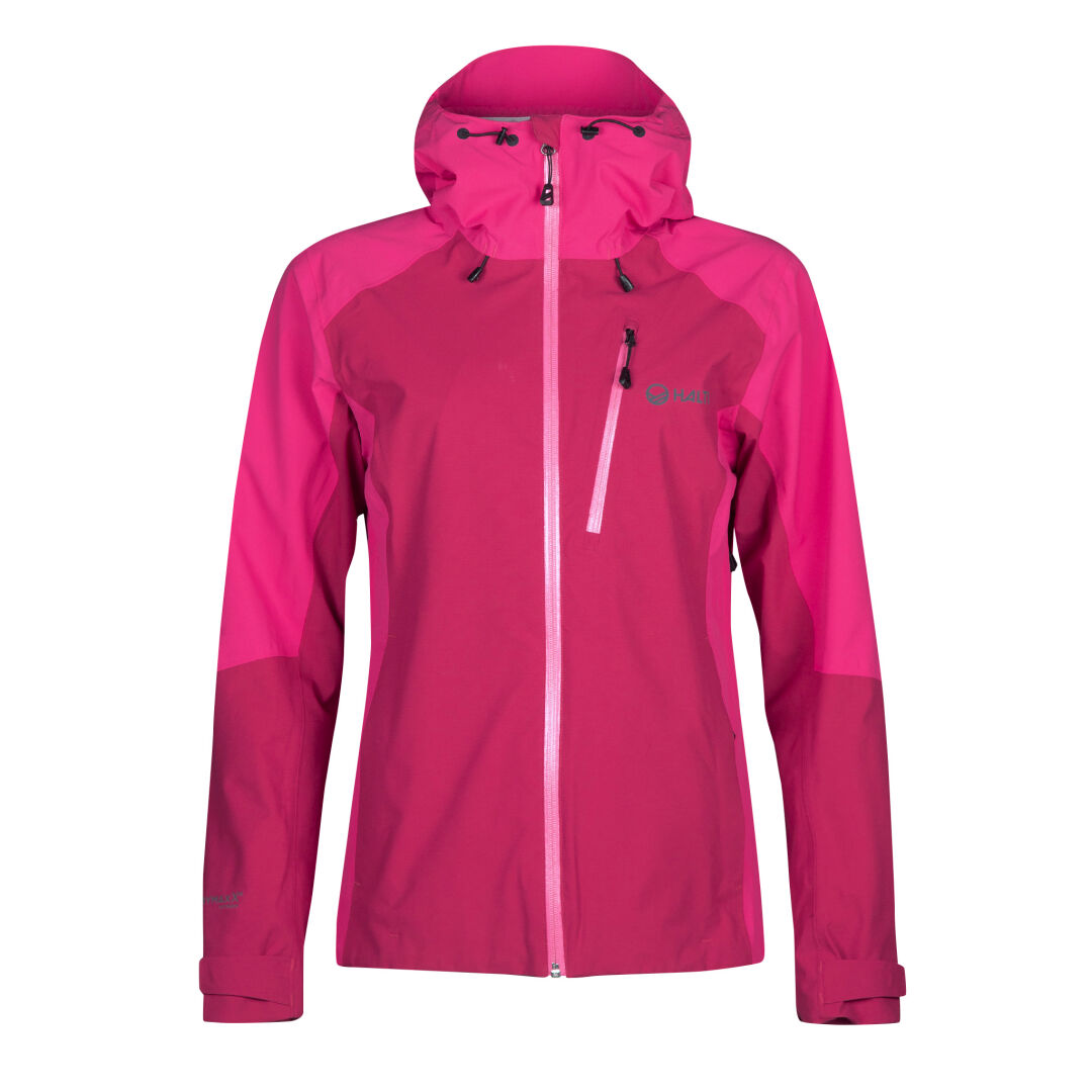 Halti Biegga Neve DrymaxX Kuoritakki Naisten: kirkkaan pinkki takki vetoketjulla, rintataskulla ja säädettävällä hupulla.