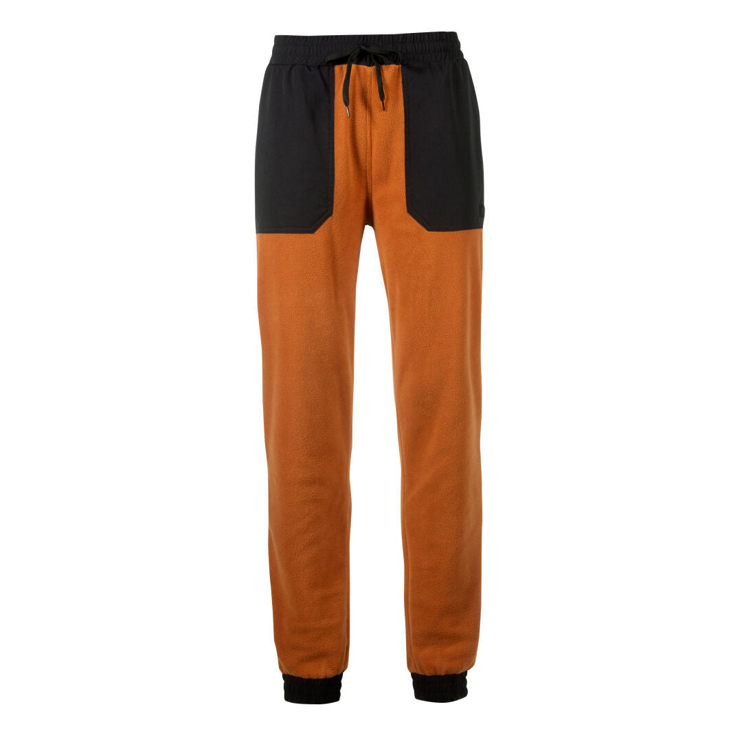 Halti Skugge Unisex Fleecehousut: oranssit fleececollegehousut mustilla yksityiskohdilla valkoisella taustalla.