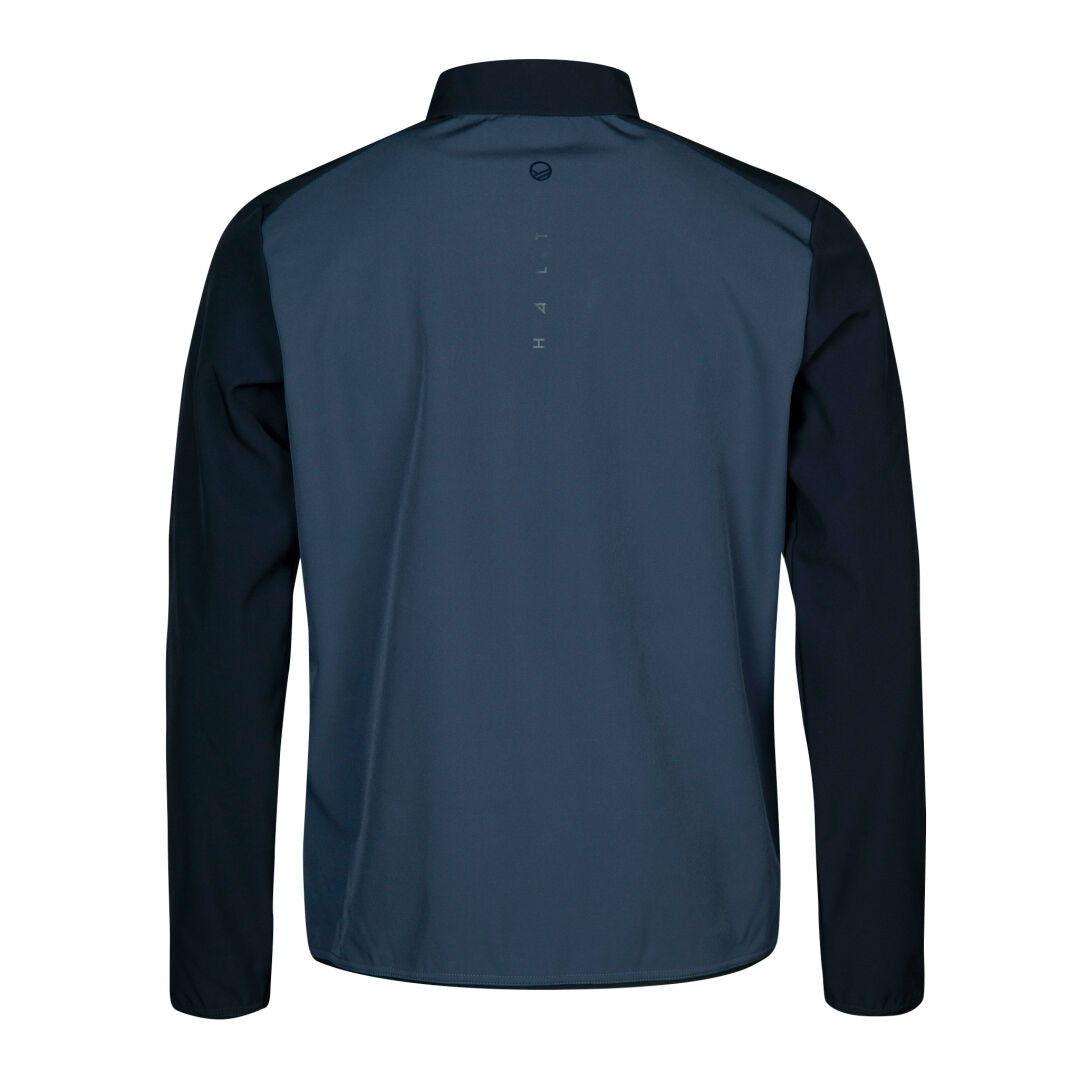 Halti Fore miesten softshell-takin takaa päin, kaksisävyinen tummansininen/musta, pystykaulus, tuulen- ja vedenpitävä.