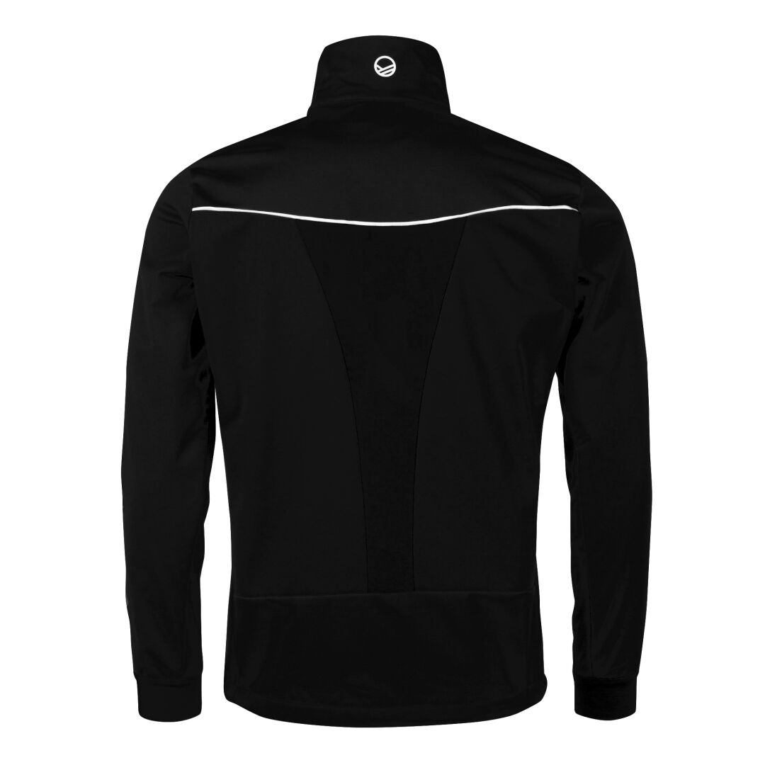 Halti Vire Miesten Hiihtopuku: musta takki, Stormwall® materiaalia, valkoinen viiva ja pieni logo kauluksessa.