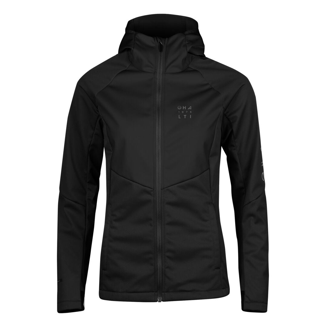 Musta Halti Isku III Naisten Hiihtotakki, jossa huppu, vetoketju edessä, pitkät hihat ja Stormwall® materiaalia.