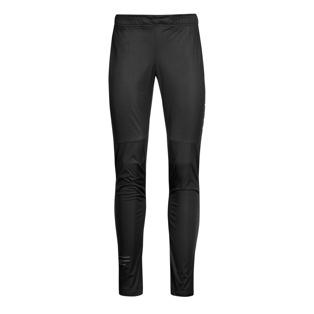 Halti Veloce Hiihtohousut Naisten: mustat slim-fit Stormwall® stretch verryttelyhousut valkoisella taustalla.