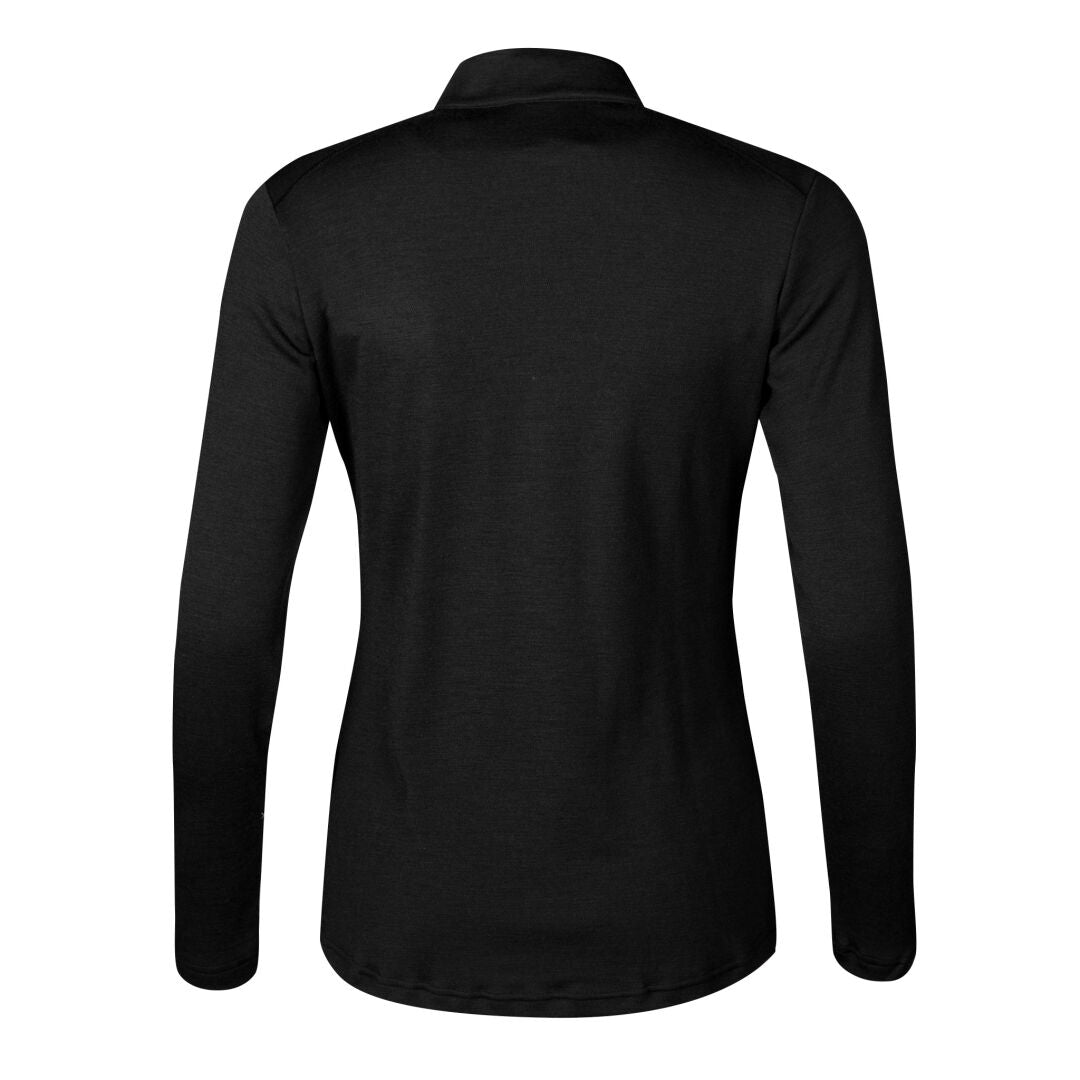 Halti Woolforce Naisten Merinovillapaita selkäkuvana, yksivärinen musta, kauluksellinen, mulesing-vapaa, valkoisella taustalla.