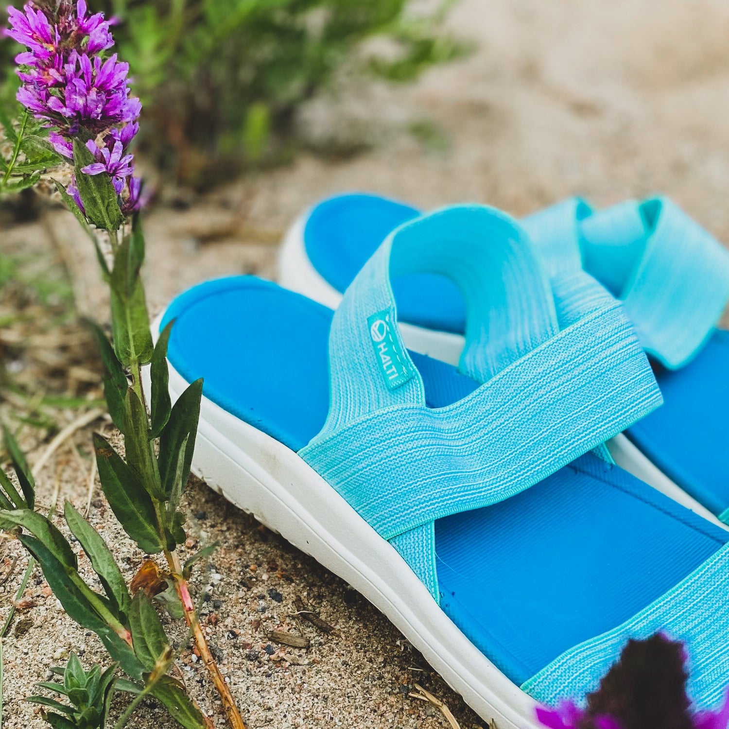 Halti Asha Naisten Sandaalit lepäävät hiekkamaalla purppuraisten kukkien ja vehreän lehvistön vieressä.