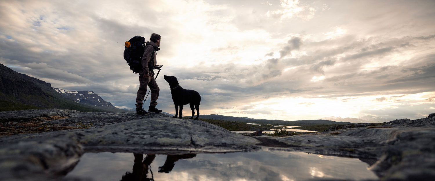 Rinkka selässä oleva henkilö seisoo kallioisessa maastossa mustan koiran vieressä auringonlaskun aikaan, ja taustalla näkyy pilvinen taivas, vuoria ja vesistö.